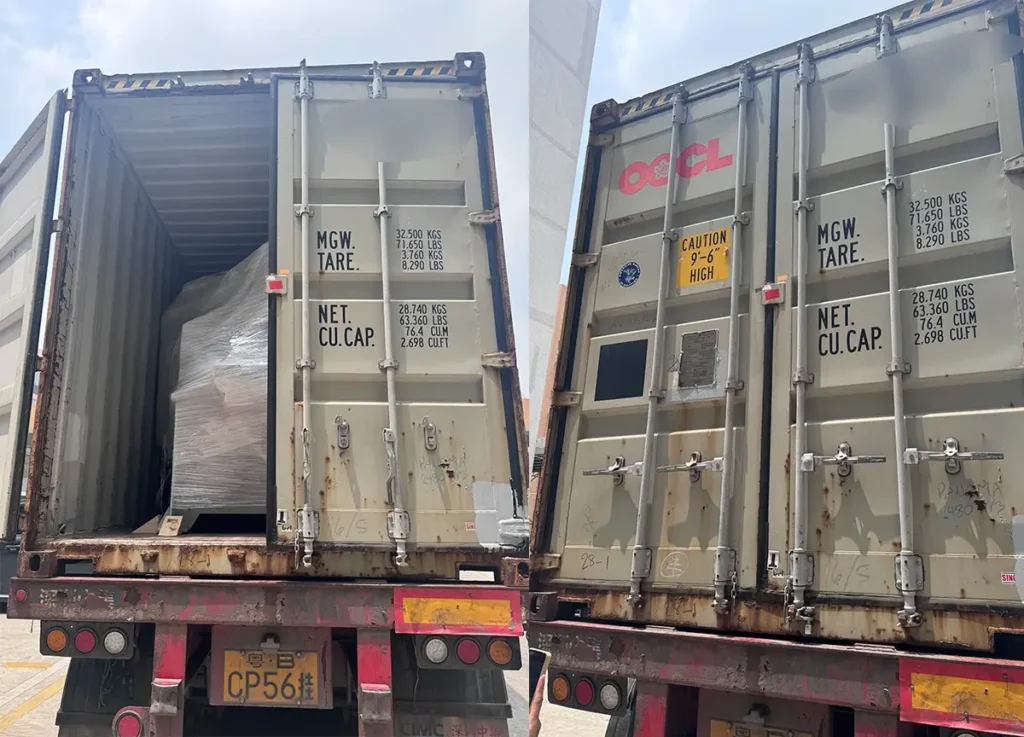 Glory Machinery 4-module steel strip edge trimming line being loaded into 40HQ and 20GP containers for export