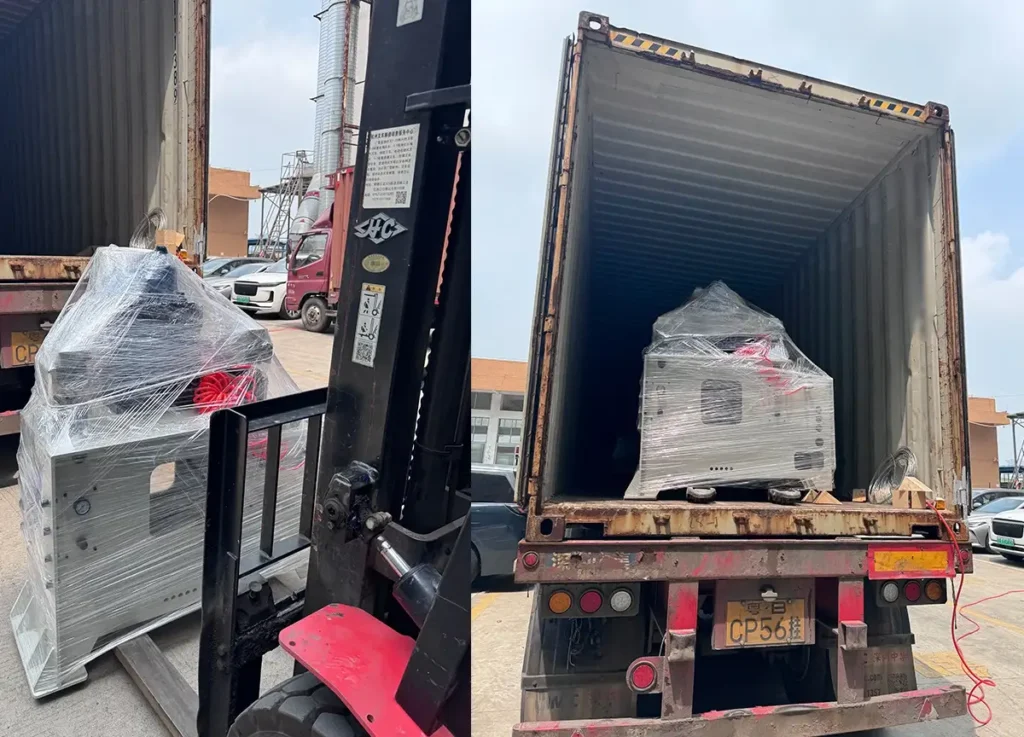 Glory Machinery 4-module steel strip edge trimming line being loaded into 40HQ and 20GP containers for export