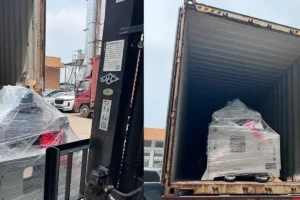 Four-module steel strip edge trimming line being loaded for export to India