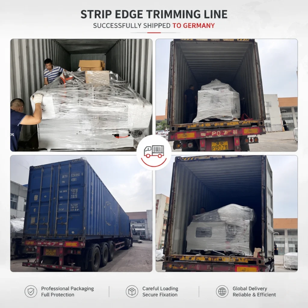 Industrial strip edge trimming line being wrapped and loaded into shipping container for export from Foshan China
